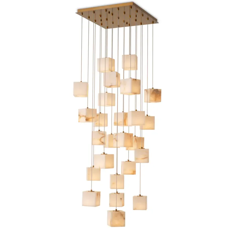 Luxus Multi-Cube Alabaster-Kaskaden-Kronleuchter mit gebürstetem Messing-Aufhängungsdesign von Luxury Group International