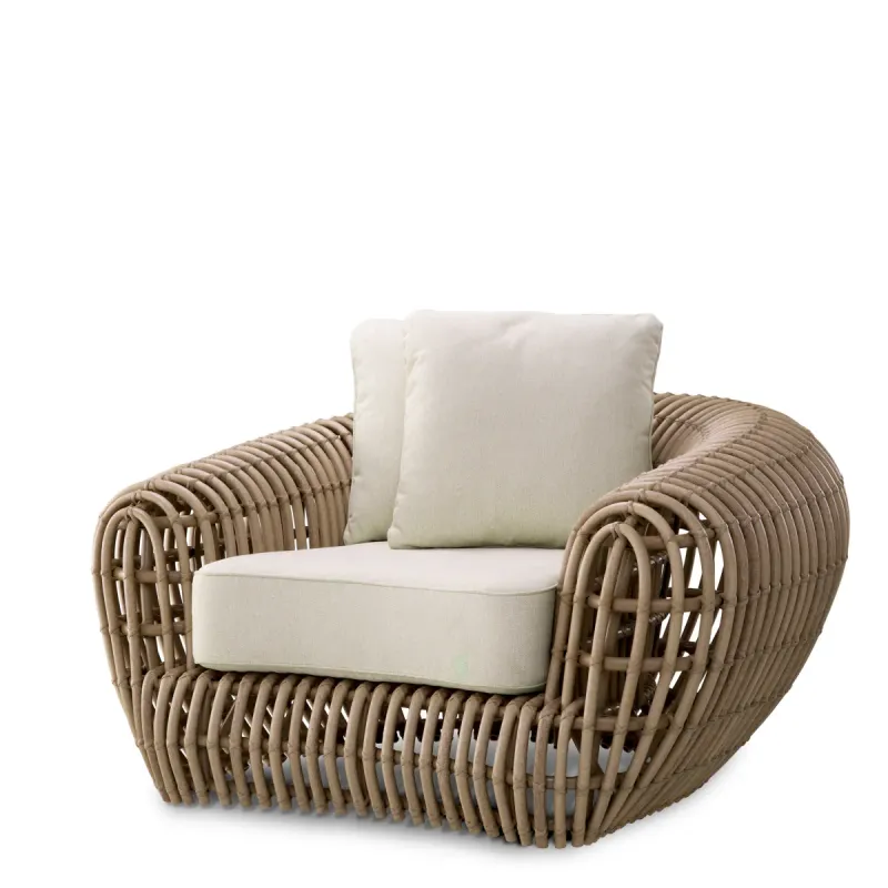 Luxury Natural Rattan Armchair with Ivory Cushions - Luxury Hotel Furniture Front View by Luxury Group International