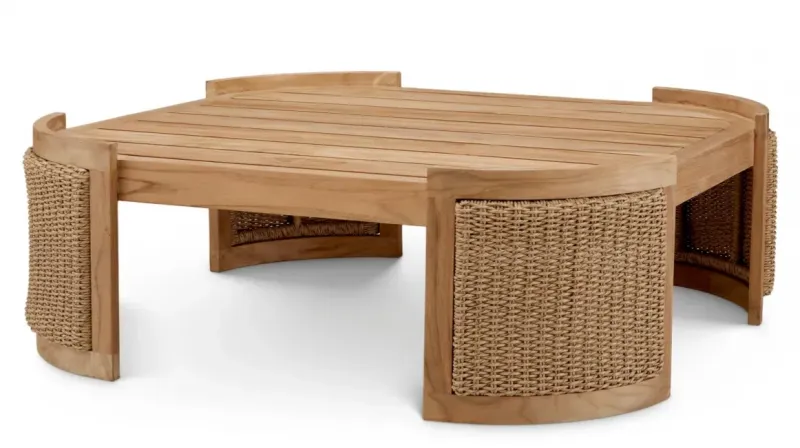 Luxury Natural Teak Outdoor Coffee Table with Faux Rattan Base 100 cm Front View by Luxury Group International