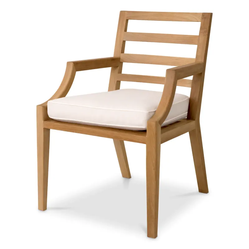 Luxury Natural Wood Outdoor Dining Armchair with White Seat Cushion and Slatted Backrest Front View by Luxury Group International
