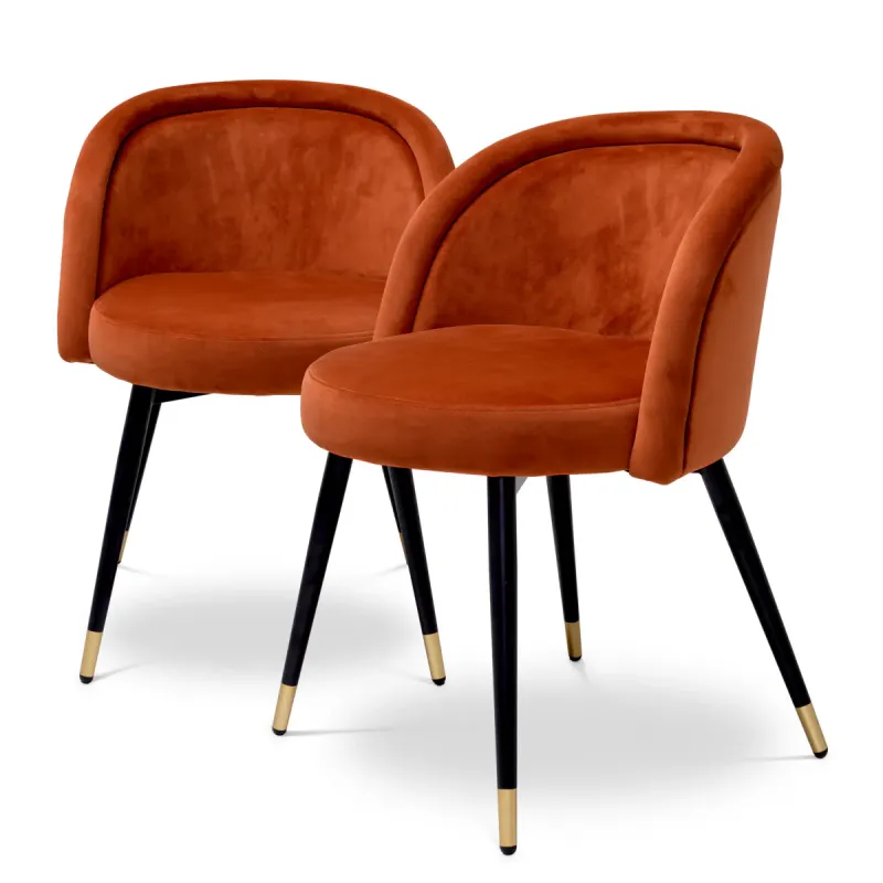 Juego de 2 Sillas de Comedor Tapizadas en Naranja de Lujo con Patas Negras y Doradas - Sillas de Comedor de Lujo Vista frontal por Luxury Group International
