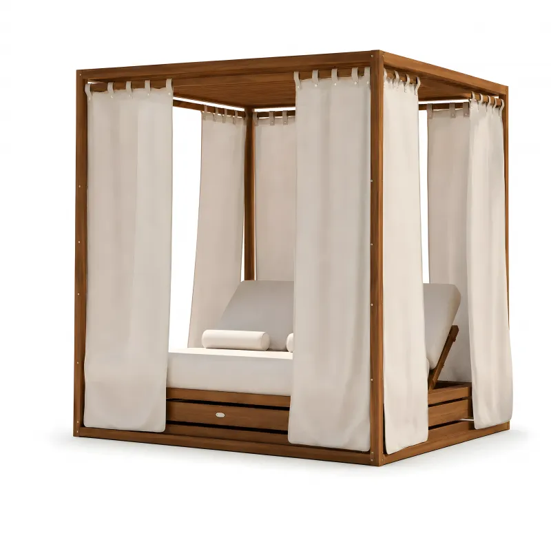 Luxus Outdoor Cabana Tagesbett mit Vorhängen und Rankendach Vorderansicht von Luxury Group International