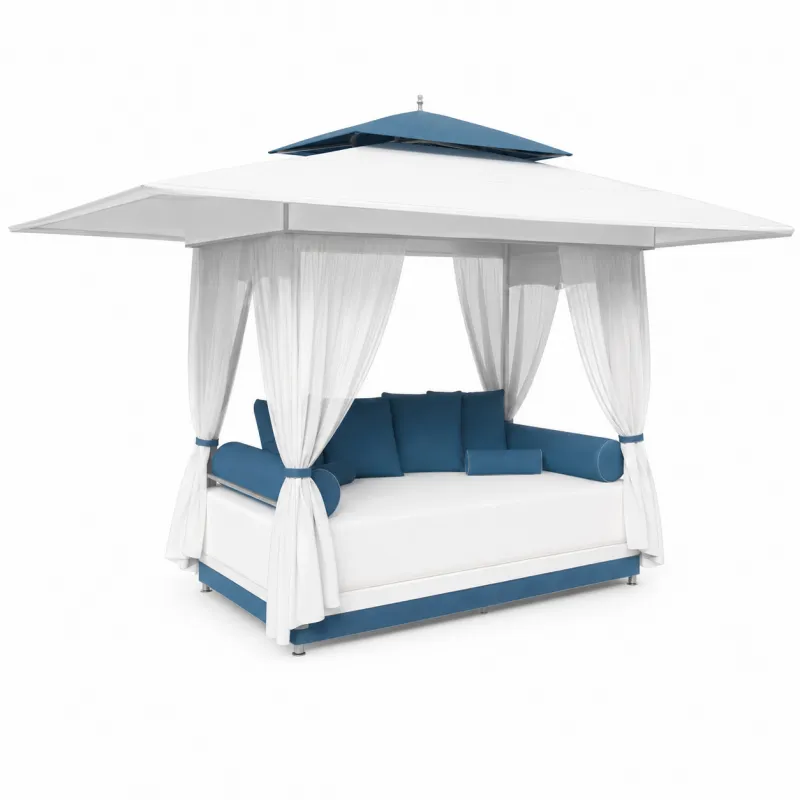 Luxury Outdoor Canopy Lounge with Curtains and Polished Titanium Frame Vorderansicht von Luxury Group International