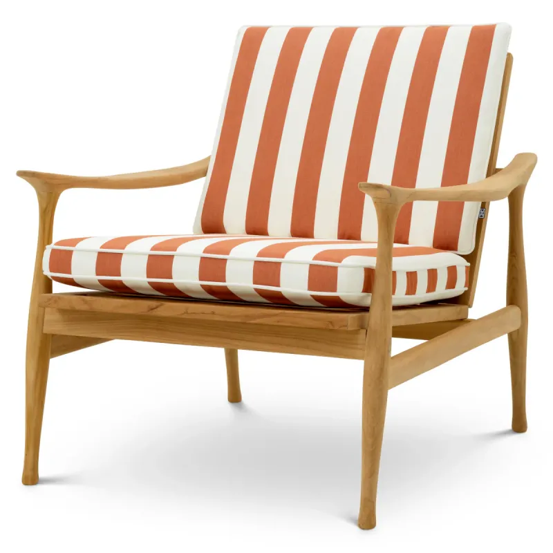 Luxury Outdoor Teak Wood Lounge Chair with Terracotta Orange and White Striped Cushions Front View by Luxury Group International