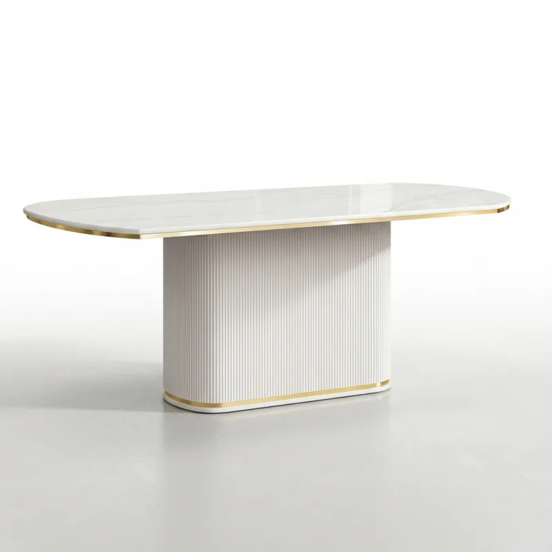 Luxury Oval Coffee Table with Fluted Pedestal Base & Marble-Effect Top in Brushed Gold Accents Front View by Luxury Group International
