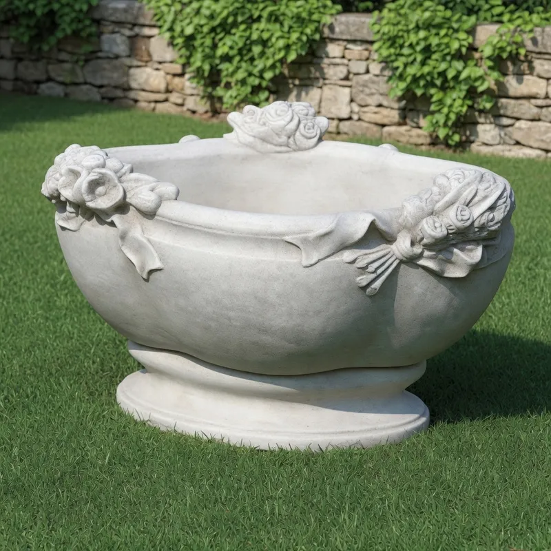 Jardinière ovale de luxe avec bouquets floraux sculptés et reliefs de rubans - Jardinières de luxe Vue de face par Luxury Group International