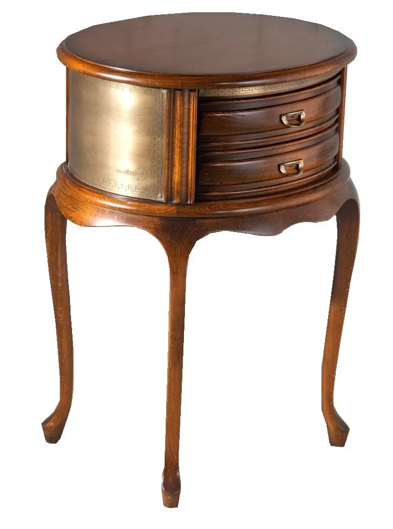 Luxury Oval Wooden Side Table with Twin Drawers and Brass Accent Panel - Luxury Side Table Front View by Luxury Group International
