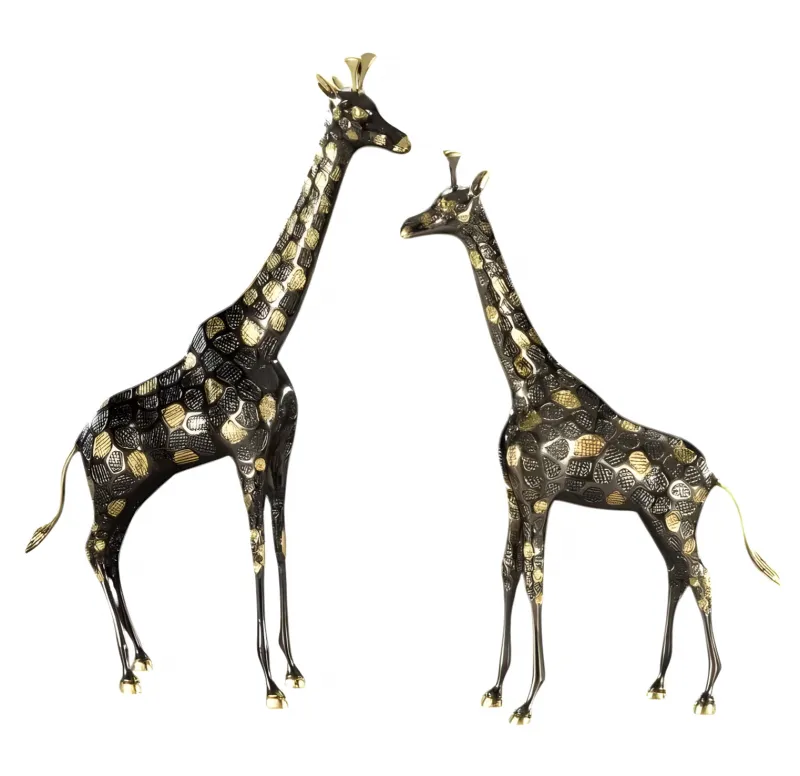 Luxury Oxidized Bronze Giraffe Sculpture Pair with Golden Accents Front View by Luxury Group International