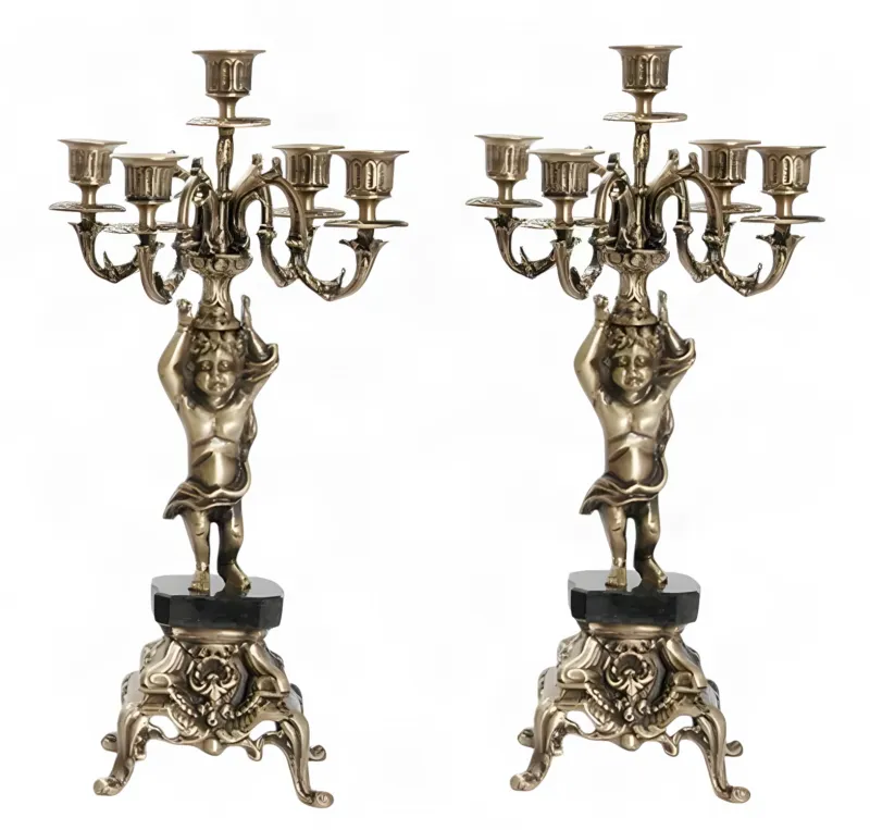 Luxury Pair of Baroque Bronze Five-Light Cherub Candle Holders with Ornate Base - Candle Holder by Luxury Group International