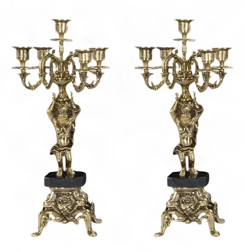 Luxury Pair of Baroque Bronze Five-Light Cherub Candle Holders with Ornate Base - Candle Holder by Luxury Group International