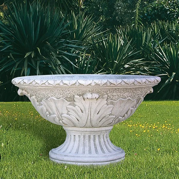 Luxury Pedestal Bowl Garden Planter with Sculpted Acanthus Leaf Relief - Luxury Planters Front View by Luxury Group International
