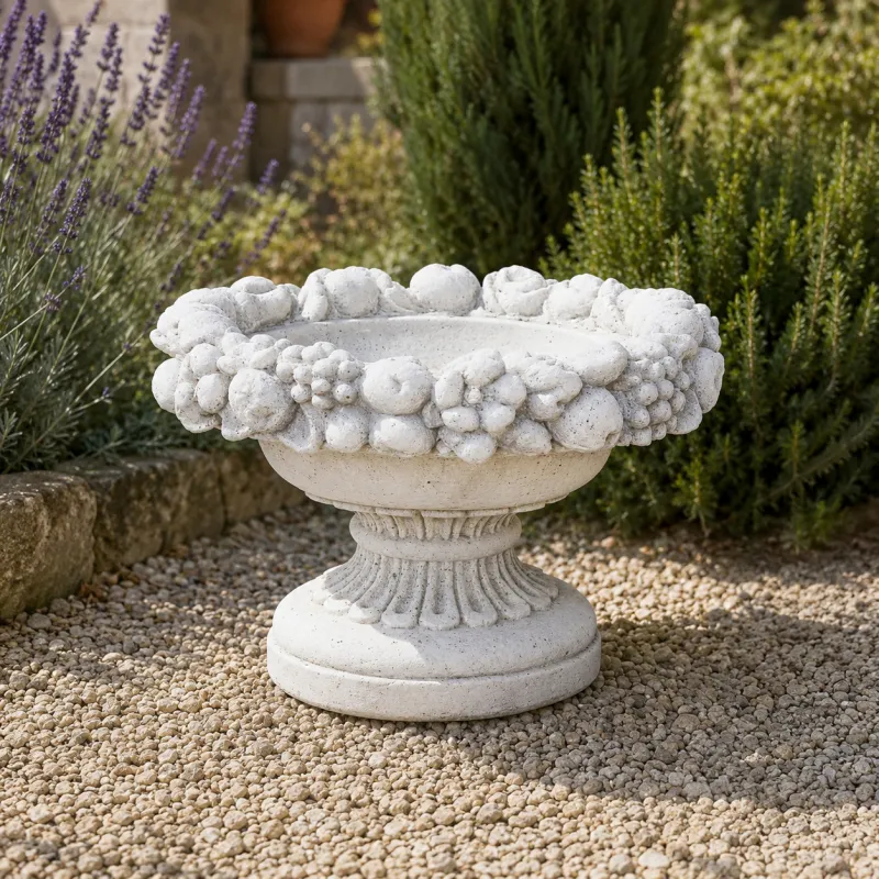 Luxury Pedestal Bowl Garden Planter with Sculpted Fruit Garland Relief - Luxury Planters Front View by Luxury Group International