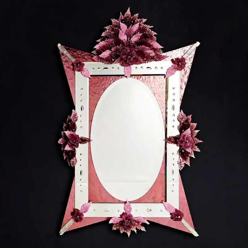 Miroir Mural de Luxe Couronne Florale Rose avec Centre Ovale & Bordure à Clous en Cristal Vue de face par Luxury Group International