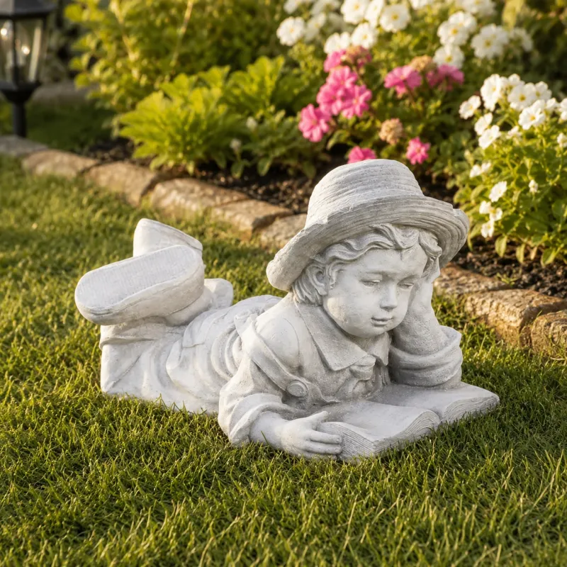 Luxury Reading Child Garden Sculpture with Open Book and Hat - Luxury Classic Sculpture Front View by Luxury Group International