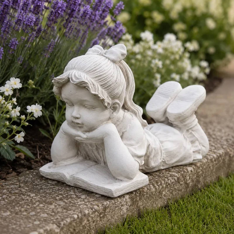 Luxury Reading Girl Statue with Open Book and Raised Shoes - Luxury Classic Sculpture Front View by Luxury Group International