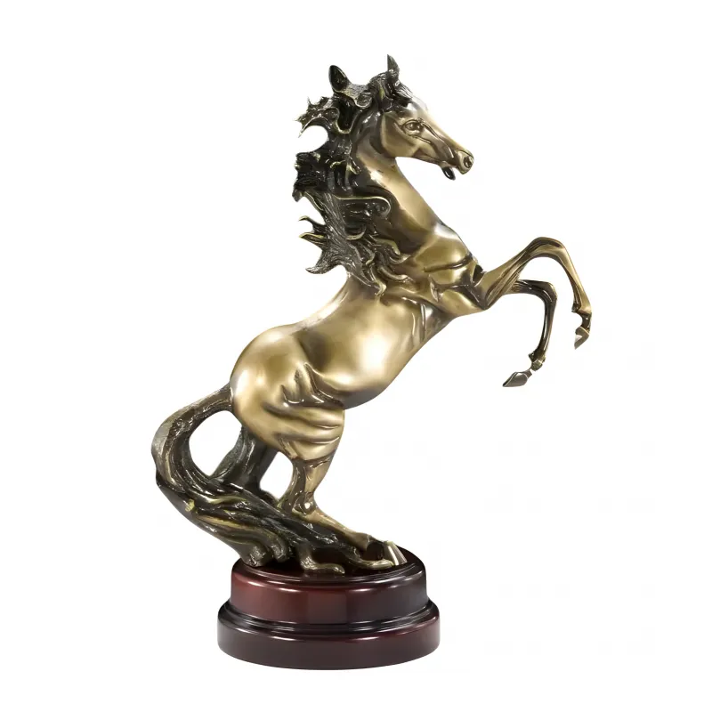 Luxus Bronze Skulptur eines aufbäumenden Pferdes mit Flammenmähne auf rundem Holzsockel Vorderansicht von Luxury Group International