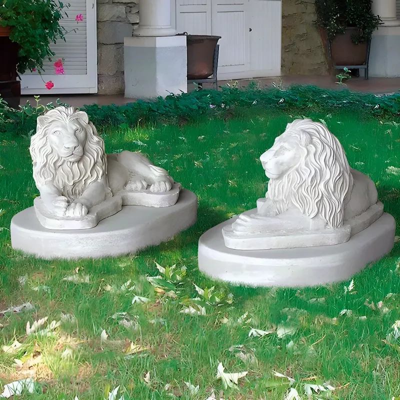 Luxury Reclining Lion Pair Garden Sculpture in White Carrara Marble Grit - Luxury Classic Sculpture Front View by Luxury Group International