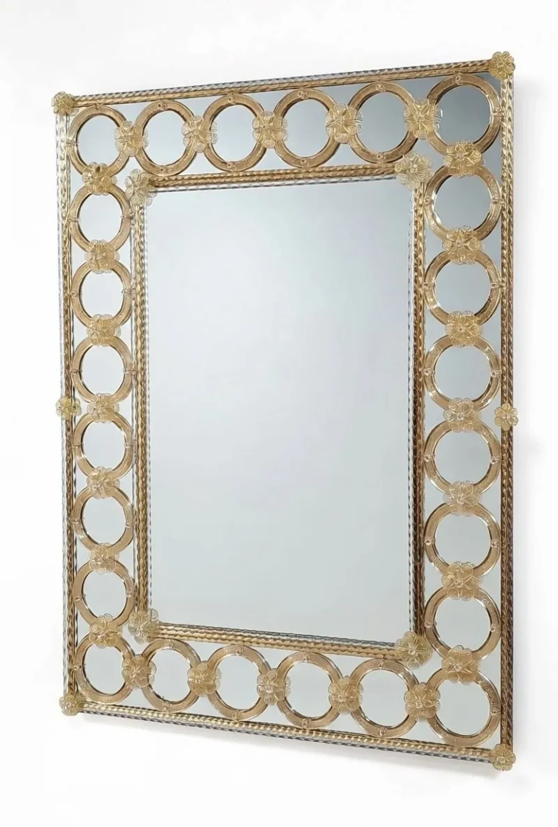Luxury Rectangular Baroque Wall Mirror with Decorative Champagne Gold Glass Ring Frame Front View by Luxury Group International