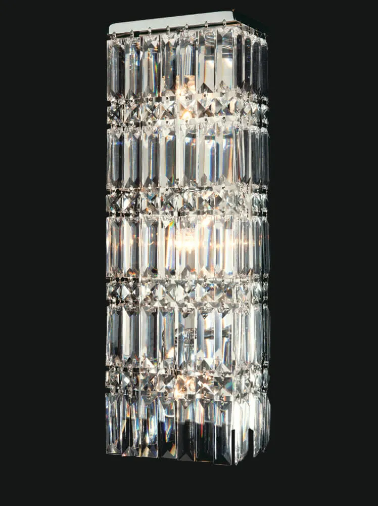 Luxury Rectangular Crystal Wall Light in Chrome Finish with dangling prism strands Front View by Luxury Group International