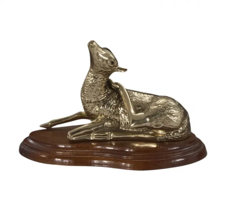 Luxury Resting Deer Bronze Sculpture on Polished Wooden Base Front View by Luxury Group International