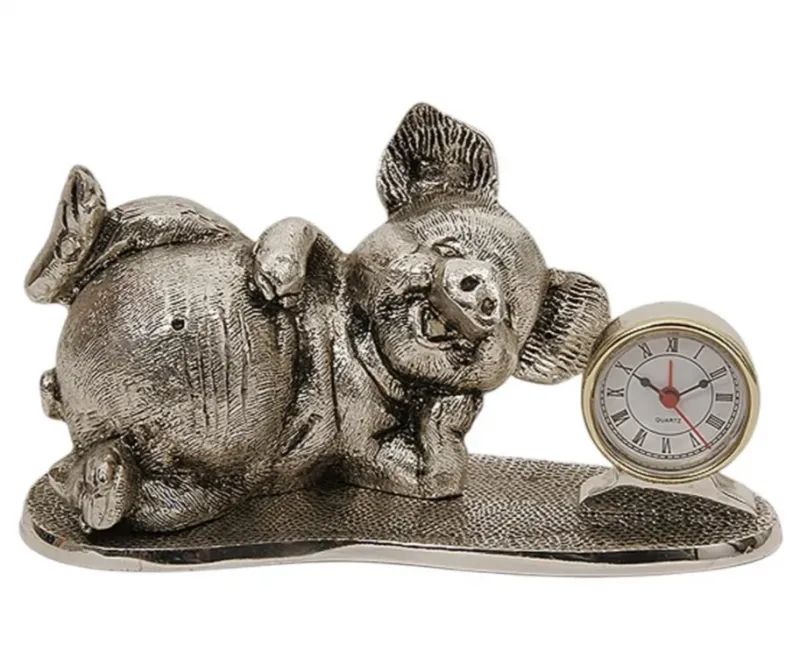 Luxury Resting Pig Bronze Table Clock with Roman Numeral Dial - Luxury Bronze Figure by Luxury Group International