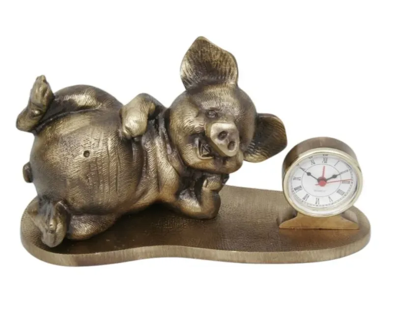 Luxury Resting Pig Bronze Table Clock with Roman Numeral Dial - Luxury Bronze Figure by Luxury Group International