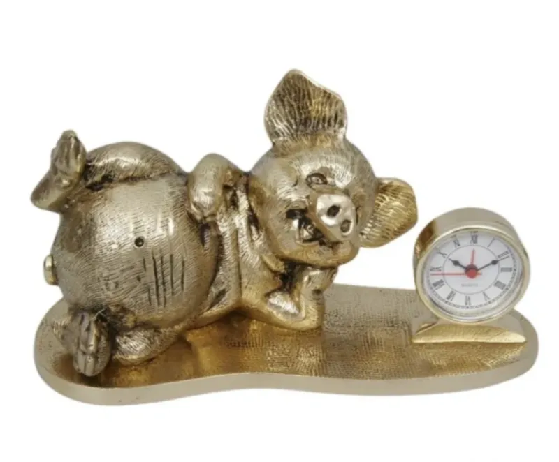 Luxury Resting Pig Bronze Table Clock with Roman Numeral Dial - Luxury Bronze Figure by Luxury Group International