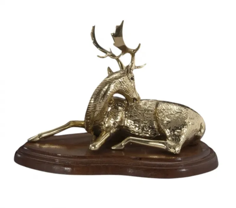Luxury Resting Stag Bronze Sculpture with Sculpted Antlers on Wooden Base Front View by Luxury Group International