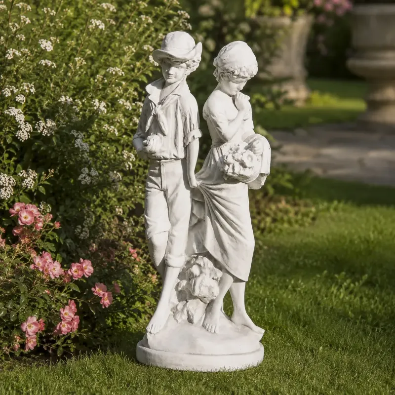 Luxury Romantic Couple Garden Sculpture with Flower Basket Detail - Luxury Classic Sculpture Front View by Luxury Group International
