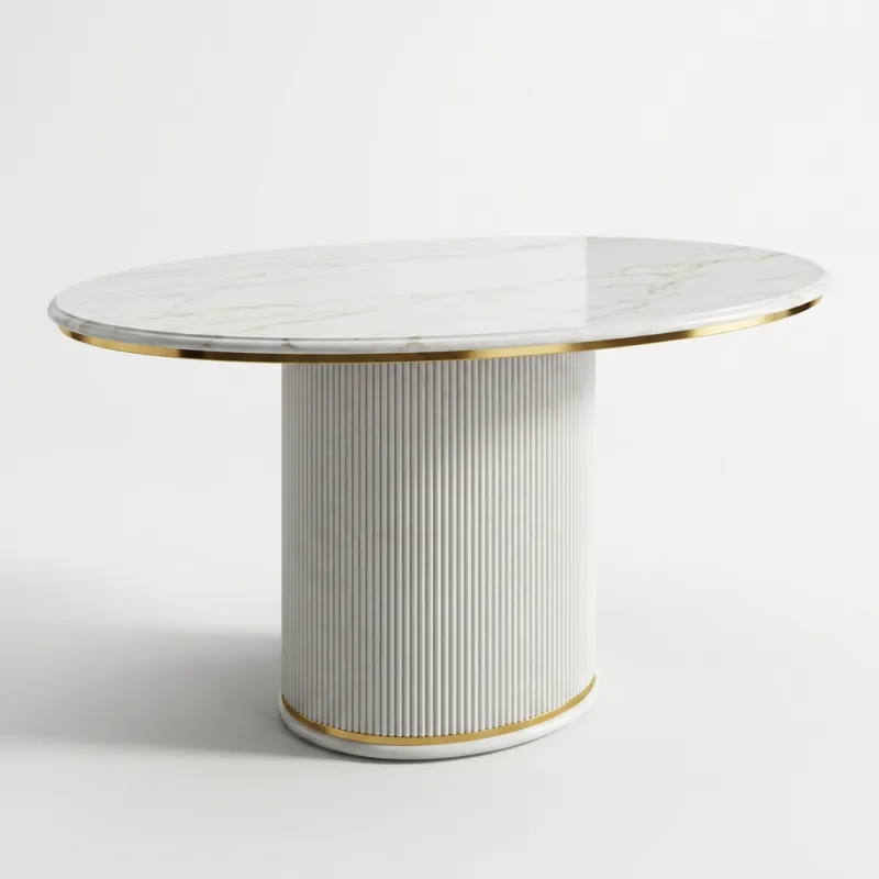 Luxury Round Coffee Table with Fluted Pedestal Base & Marble-Effect Top in Brushed Gold Finish Front View by Luxury Group International