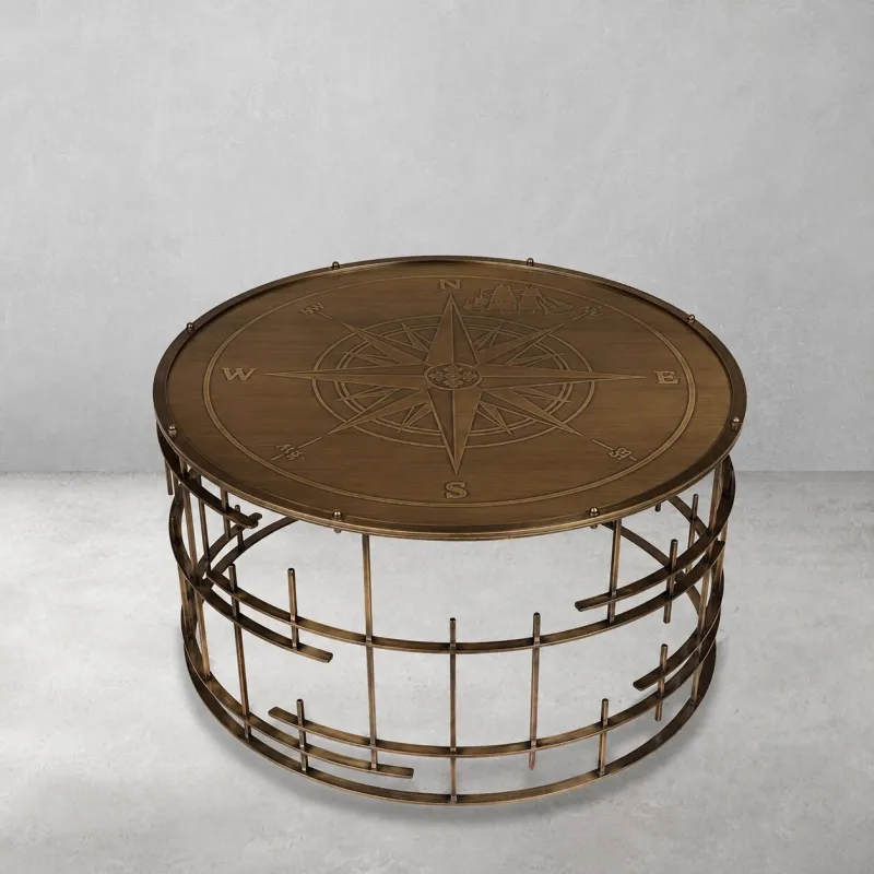 Luxury Round Compass Rose Coffee Table with Antiqued Brass Lattice Base - Luxury Coffee Table Front View by Luxury Group International