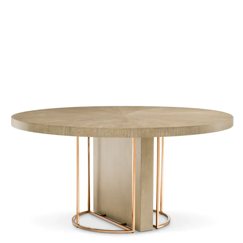 Luxus Runder Esstisch Eichenfurnier & Gebürstetes Messing 152 cm – Esszimmer- & Hotelausstattung Vorderansicht von Luxury Group International