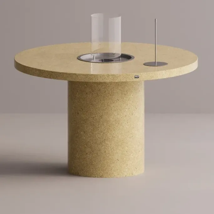 Luxury Round Bioethanol Fire Pit Dining Table in Natural Stone Finish by Luxury Group International