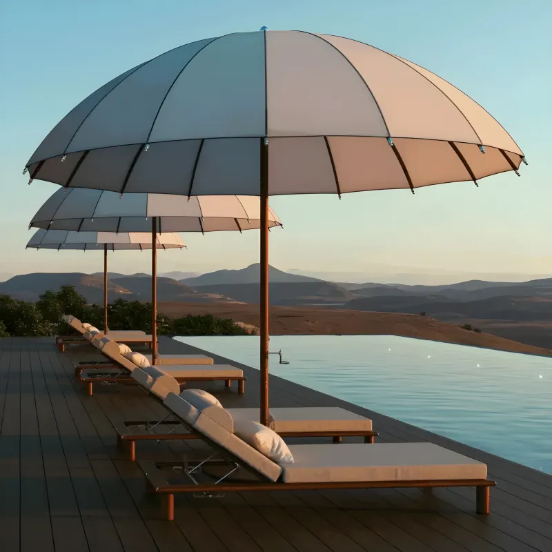 Parasol de Jardin Rond de Luxe en Tissu Mat Gris Clair avec Canopée Dôme Cannelée Vue lifestyle par Luxury Group International