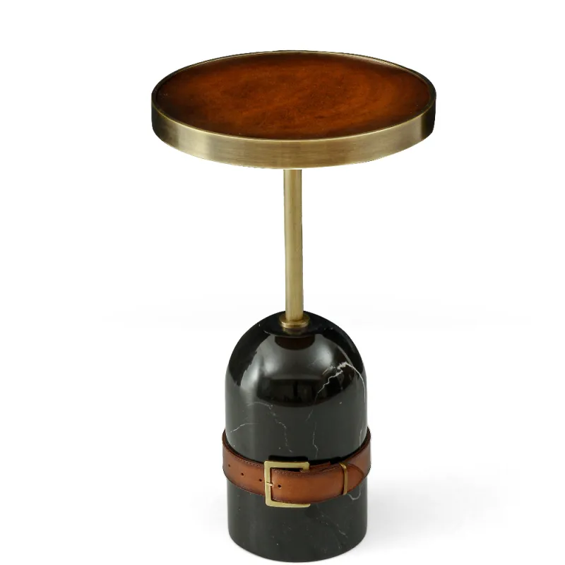 Luxury Round Marble Side Table with Leather Belt Detail and Brass Tray Top - Luxury Side Table by Luxury Group International