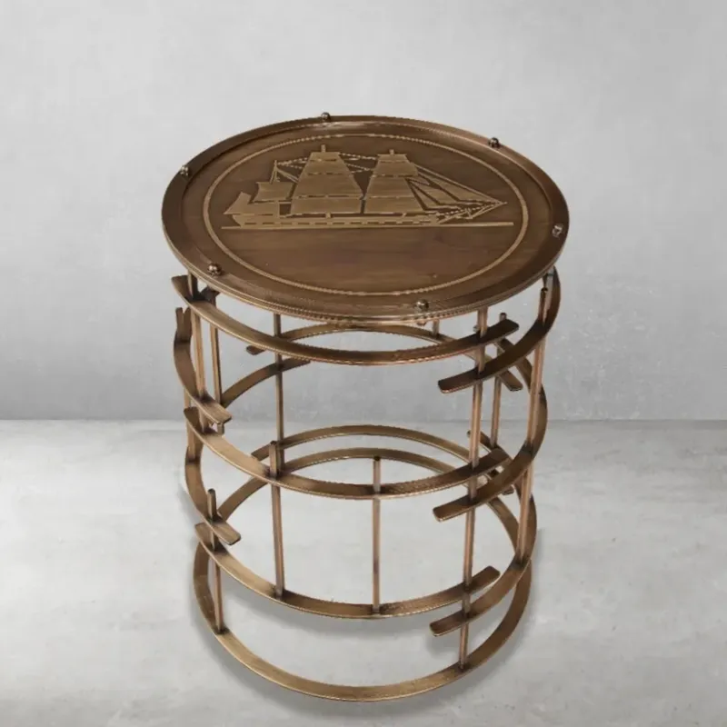 Luxury Round Maritime Side Table with Ship Motif & Antiqued Brass Lattice Base - Luxury Side Table Front View by Luxury Group International