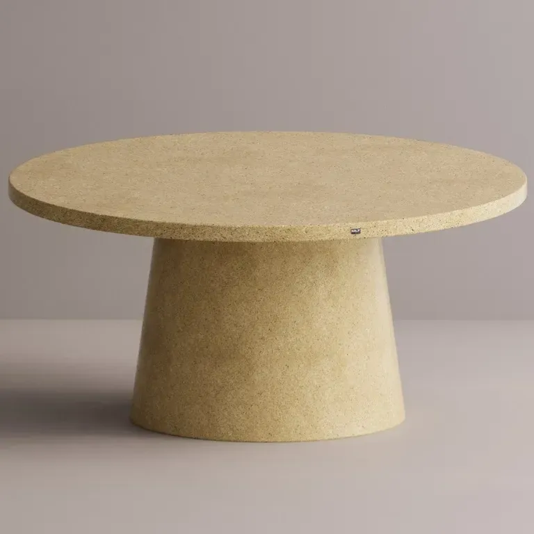 Luxury Round Pedestal Dining Table in Tan matte stone-look with speckled top by Luxury Group International