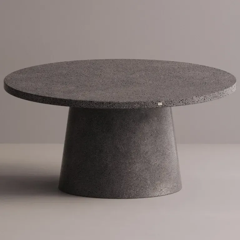 Luxury Round Pedestal Dining Table in Tan matte stone-look with speckled top by Luxury Group International