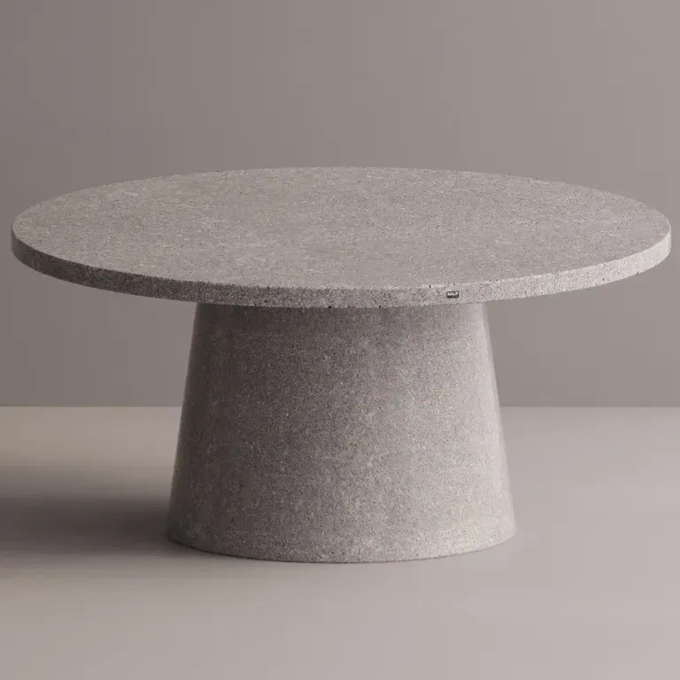 Luxury Round Pedestal Dining Table in Tan matte stone-look with speckled top by Luxury Group International