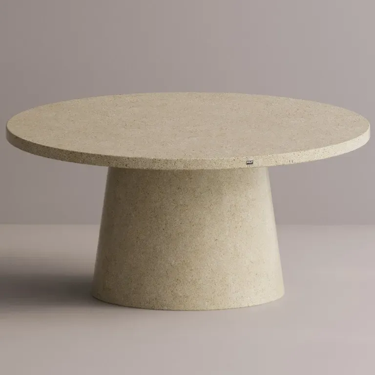 Luxury Round Pedestal Dining Table in Tan matte stone-look with speckled top by Luxury Group International