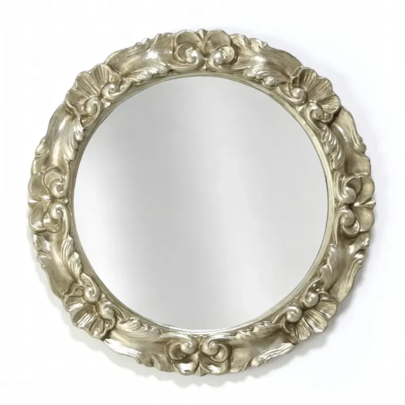 Luxury Round Silver Wall Mirror with Sculpted Baroque Floral Frame - Baroque Mirrors Front View by Luxury Group International