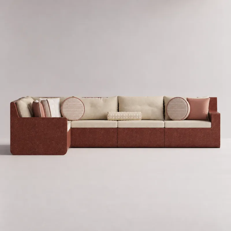 Divano da Esterno a L di Lusso in Cemento Rosso Rubino con Rivestimento Beige - Arredamento Moderno Vista frontale di Luxury Group International