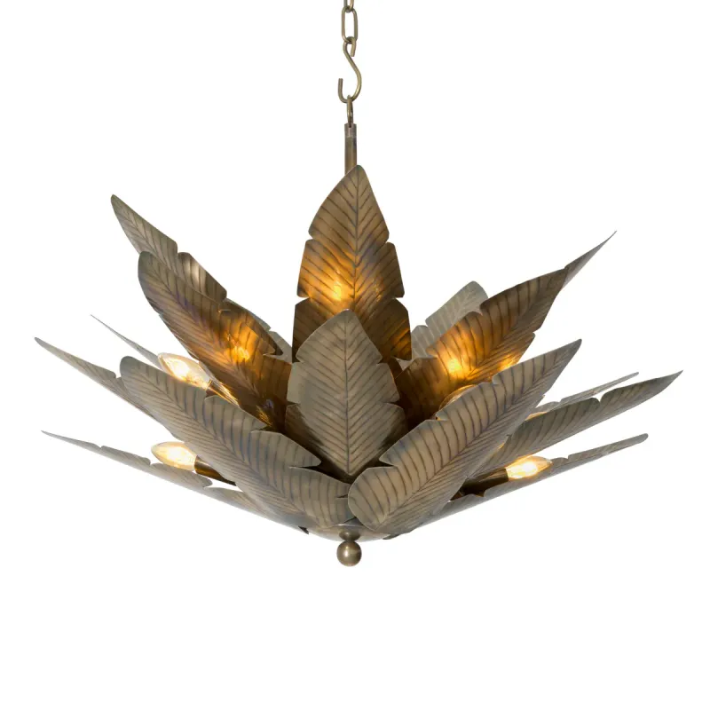 Lampadario Rustico di Lusso in Ottone Antico con Ventaglio di Foglie di Palma e Lampadine Calde di Luxury Group International
