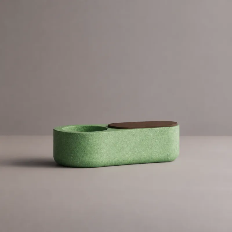 Luxury Sage Green Oval Outdoor Planter with Integrated Dark Wooden Seating - Oudoor Furniture Front View by Luxury Group International