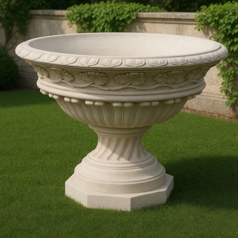 Macetero de Jardín de Gran Cuenco Esculpido de Lujo con Relieve de Hojas y Pedestal Acanalado - Maceteros de Lujo Vista frontal por Luxury Group International