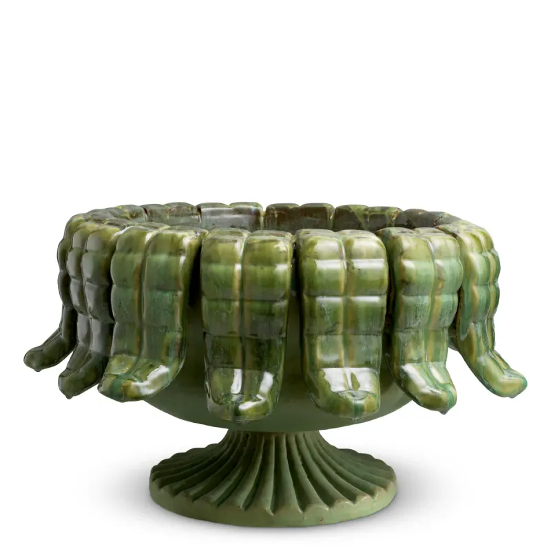 Jardinière Sculpturale Verte de Luxe avec Relief Drapé et Socle à Colonne Cannelée Vue de face par Luxury Group International