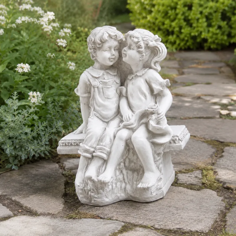 Luxury Seated Children Garden Sculpture with Bench - Luxury Classic Sculpture Front View by Luxury Group International