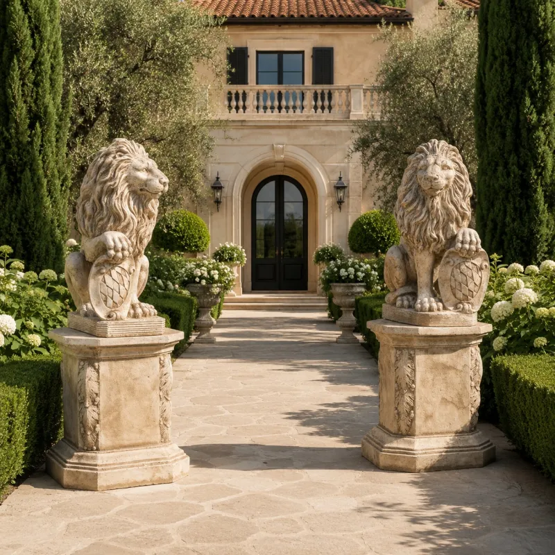 Luxus Skulptur eines sitzenden Löwenpaars mit heraldischen Schilden – Luxus Klassische Skulptur Luxus Skulptur eines sitzenden Löwenpaars mit heraldischen Schilden – Luxus Klassische Skulptur Vorderansicht von Luxury Group International