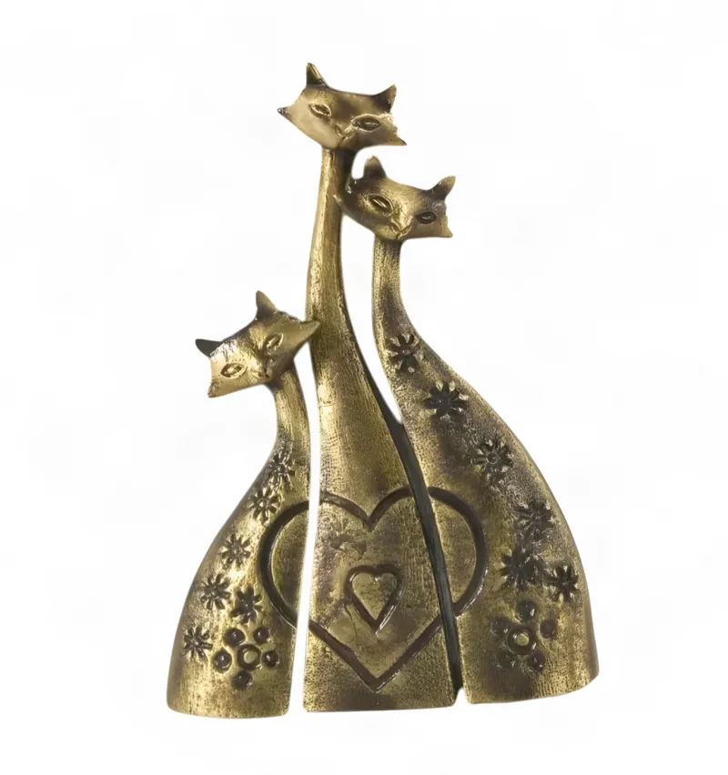 Luxury Set of Three Cats Bronze Sculpture with Engraved Heart Motifs - Luxury Bronze Figure Front View by Luxury Group International