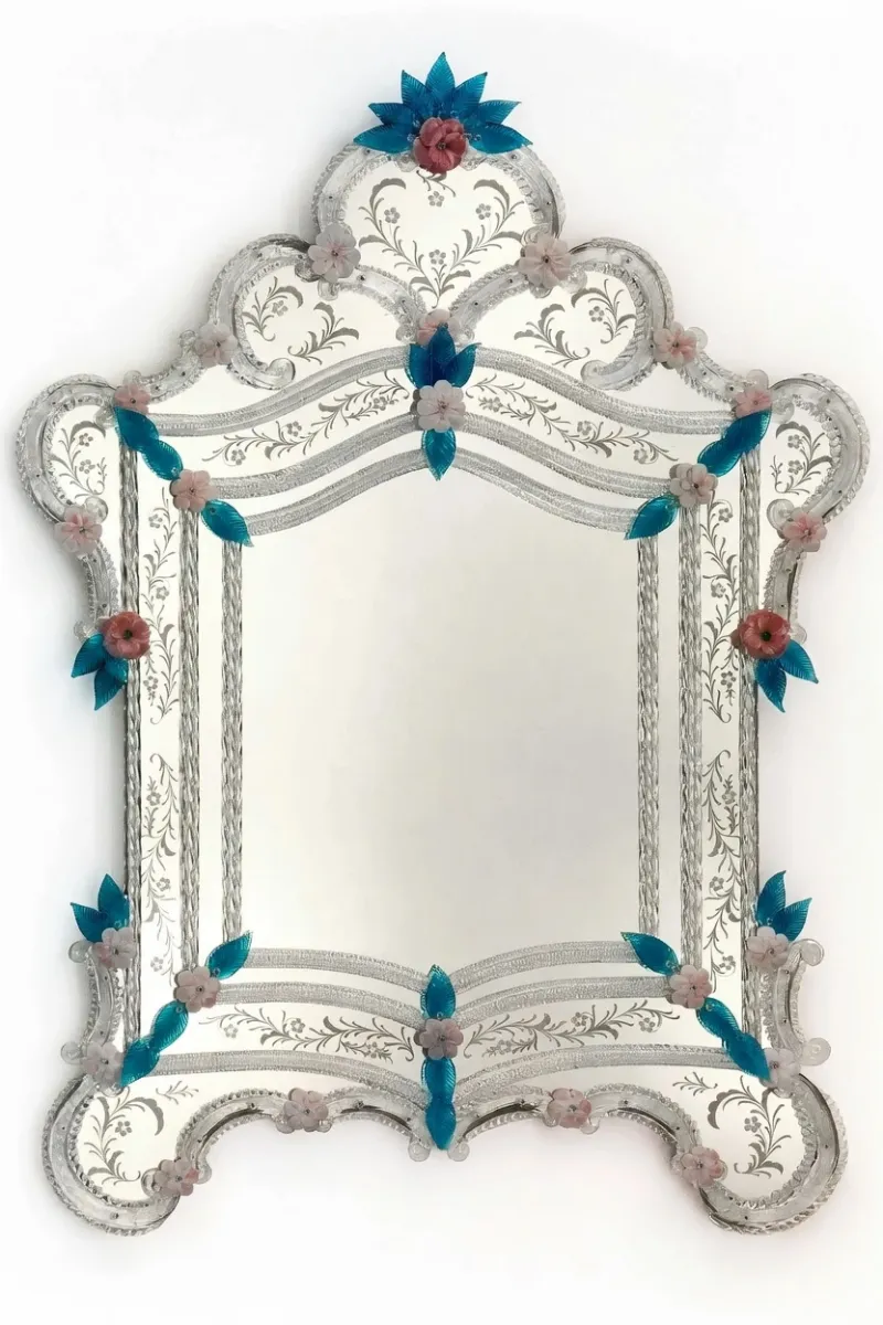 Luxury Silver Baroque Venetian Style Floral Glass Wall Mirror with Blue Leaf & Pink Flower Accents Front View by Luxury Group International